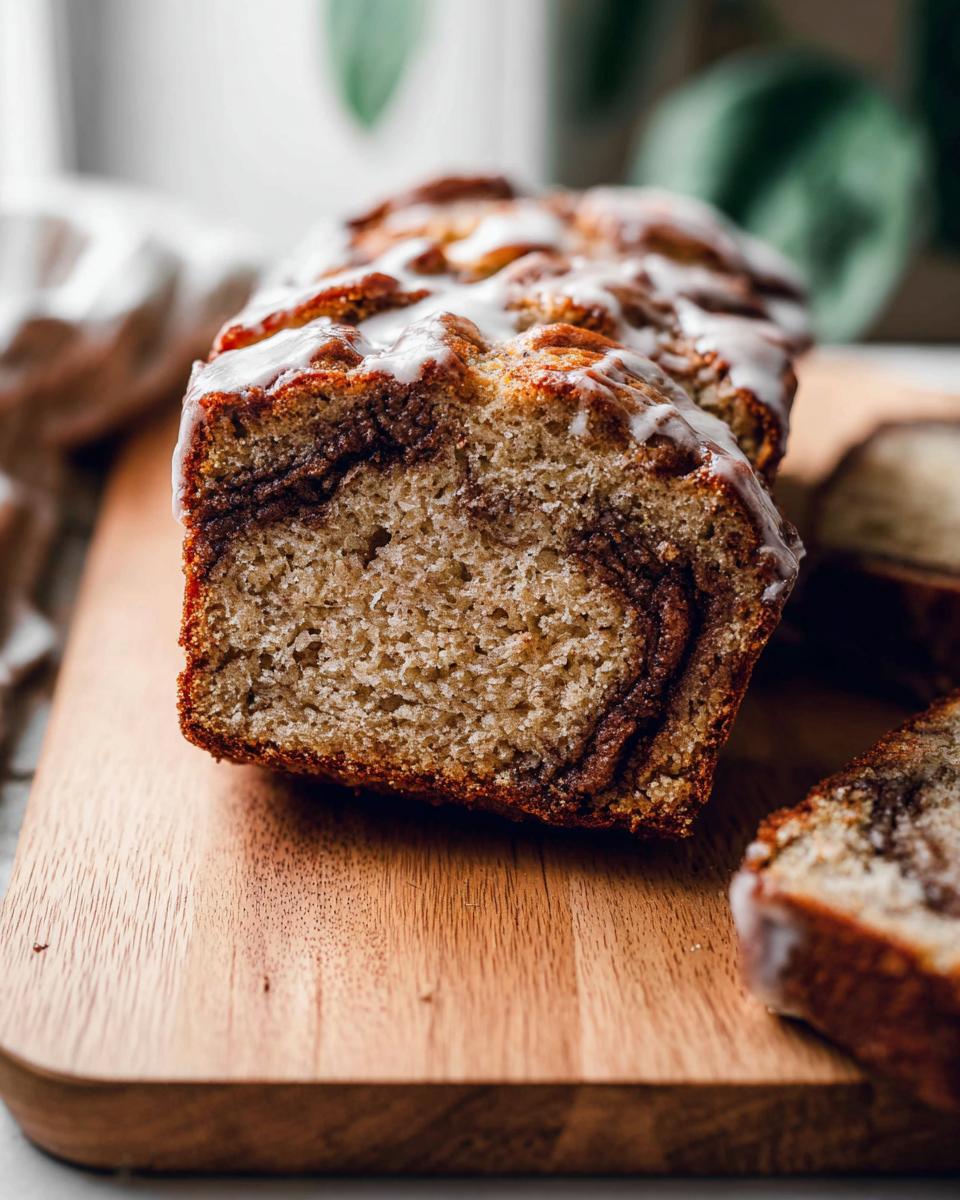 A close-up of sliced Cinnamon Swirl Banana Bread showing the rich cinnamon swirl and white glaze topping.