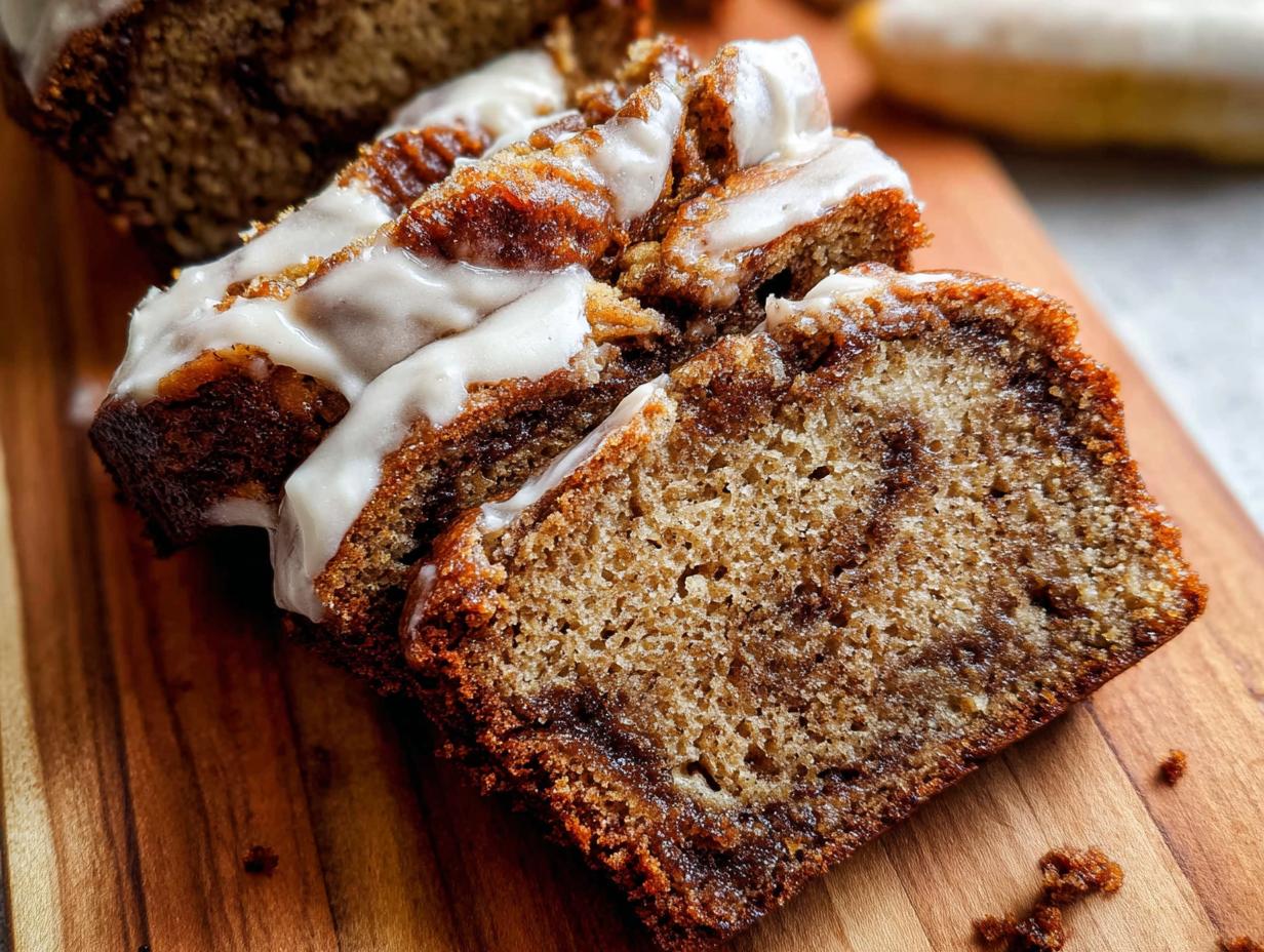 Close-up of sliced Cinnamon Swirl Banana Bread drizzled with white vanilla glaze on a wooden board.