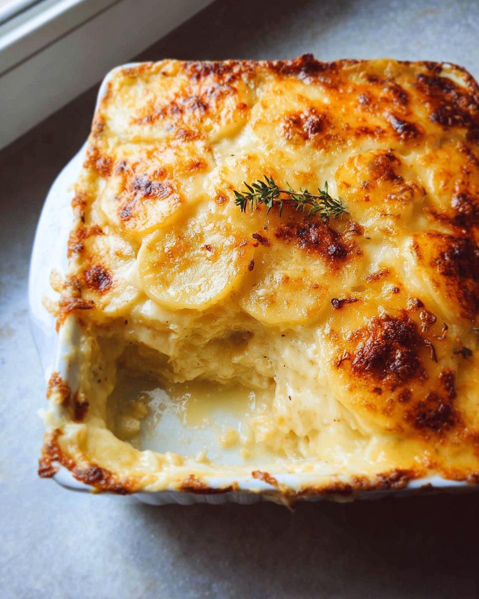 A square white baking dish filled with creamy Au Gratin Potatoes, showing a scoop removed to reveal the layers and a golden, bubbly cheese crust.