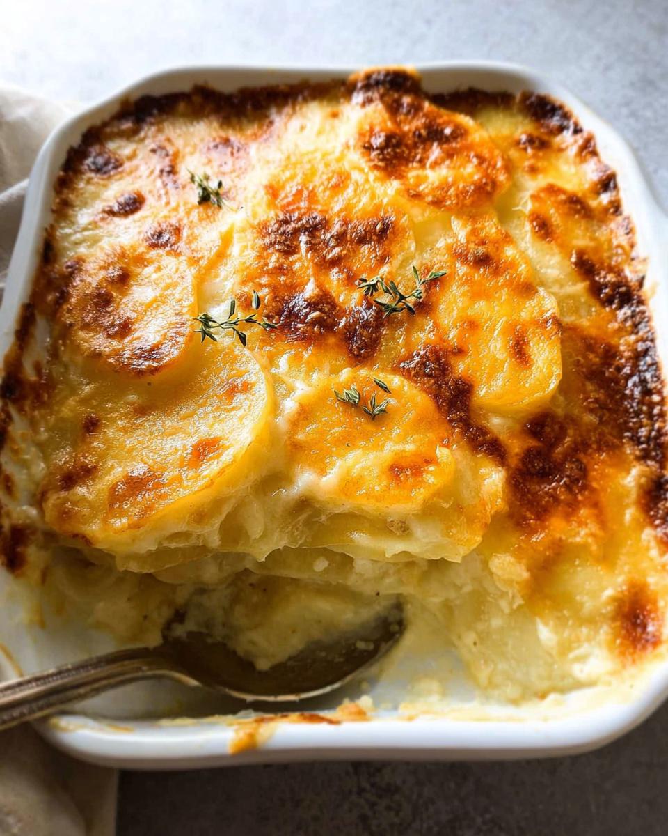 A close-up of classic Au Gratin Potatoes with a golden, bubbly cheese crust being scooped with a spoon.