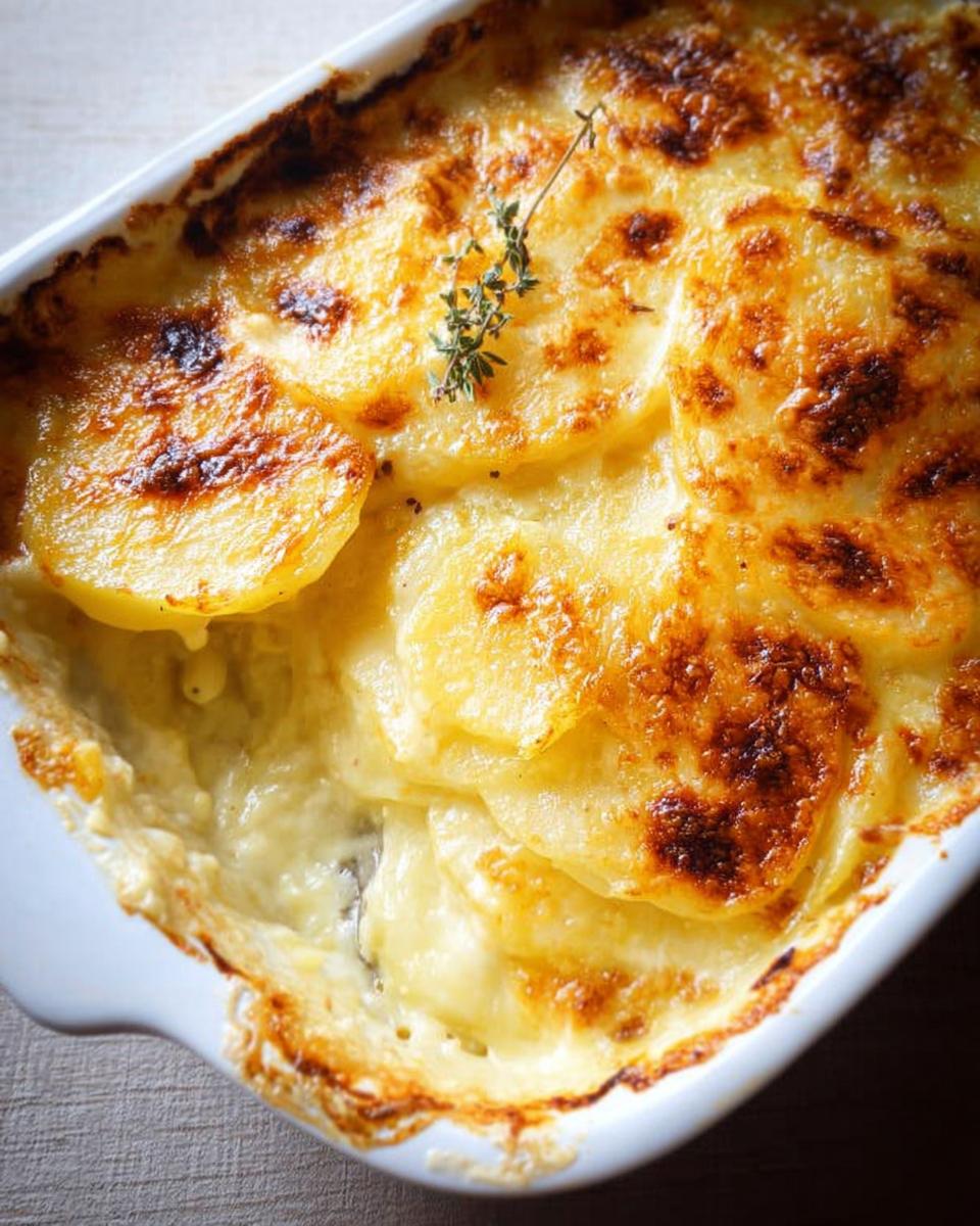 Close-up of creamy Au Gratin Potatoes with a golden-brown, bubbly cheese crust in a white baking dish.