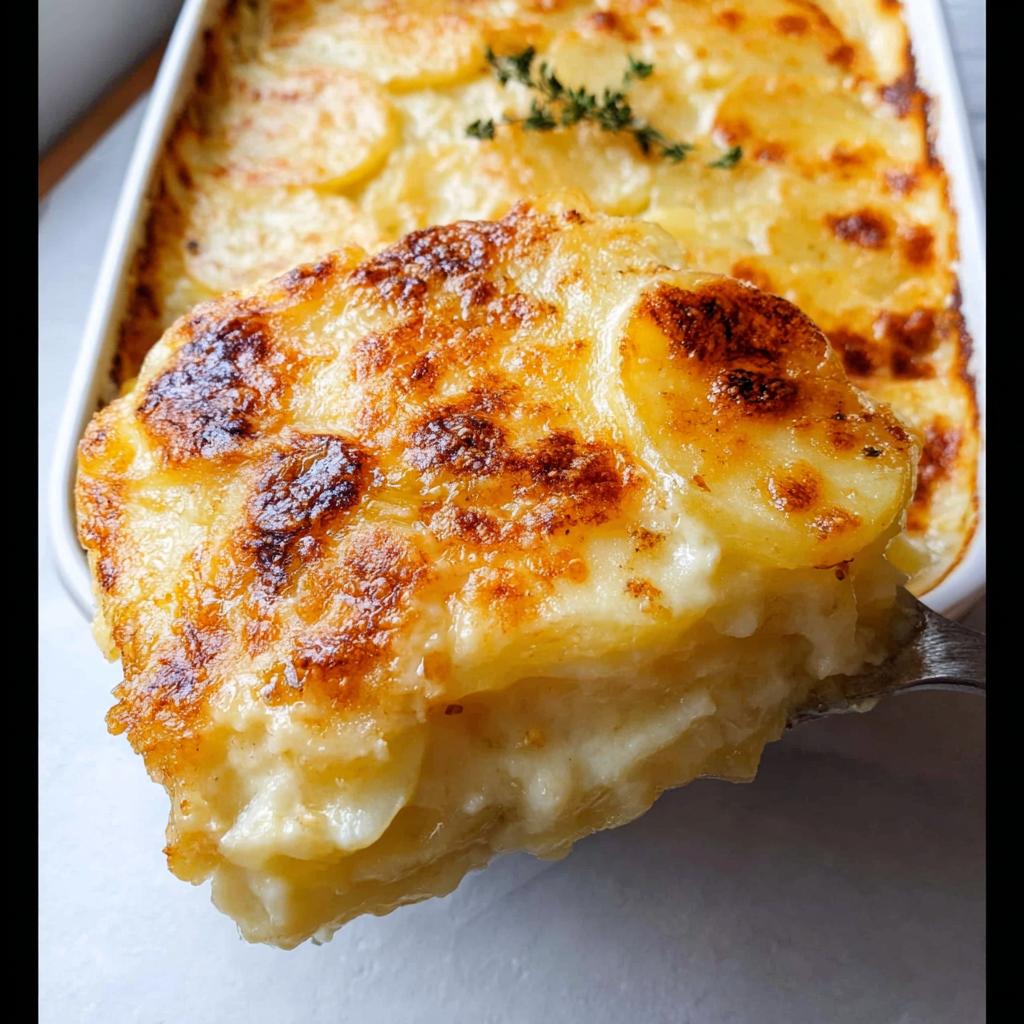 A spoonful of creamy Au Gratin Potatoes lifted from a baking dish, showing a perfectly browned, cheesy crust.