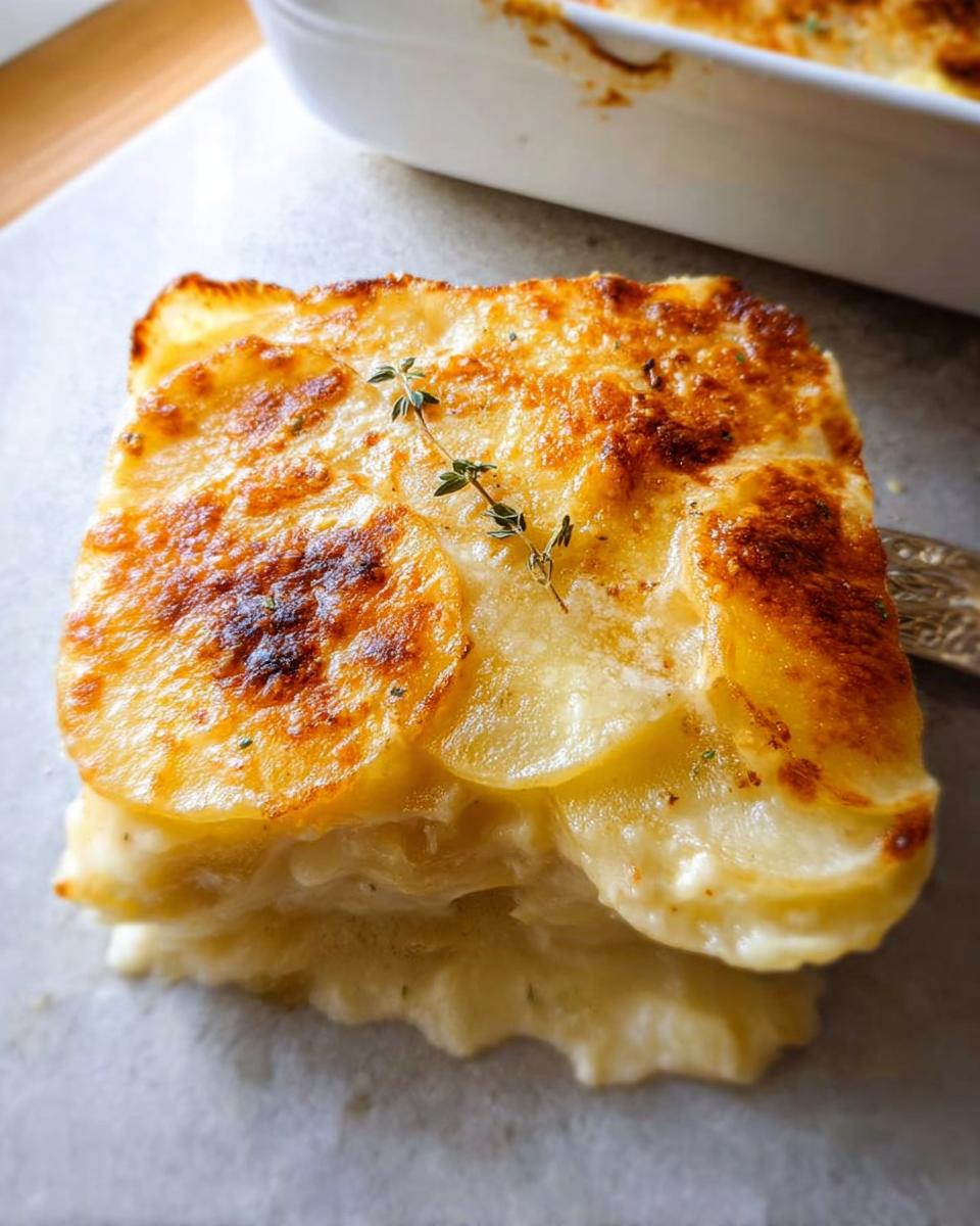 A square slice of classic Au Gratin Potatoes with a golden-brown, bubbly top and creamy layers, garnished with thyme.