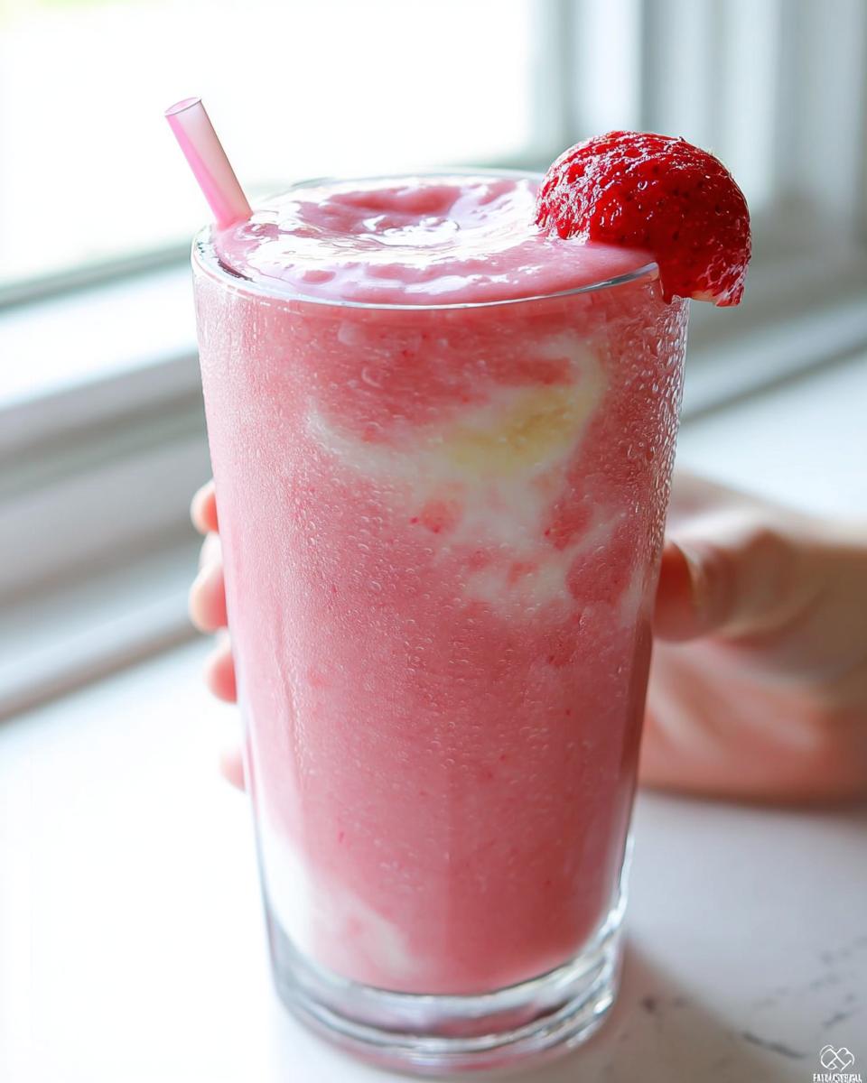A refreshing, frosty Strawberry Banana Smoothie garnished with a fresh strawberry and a pink straw.