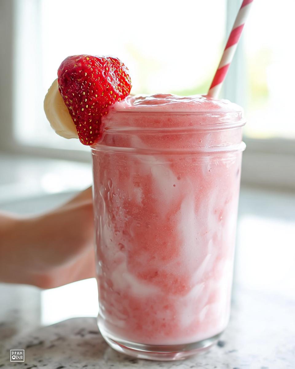 A refreshing Strawberry Banana Smoothie served in a glass jar, garnished with a fresh strawberry and banana slice.