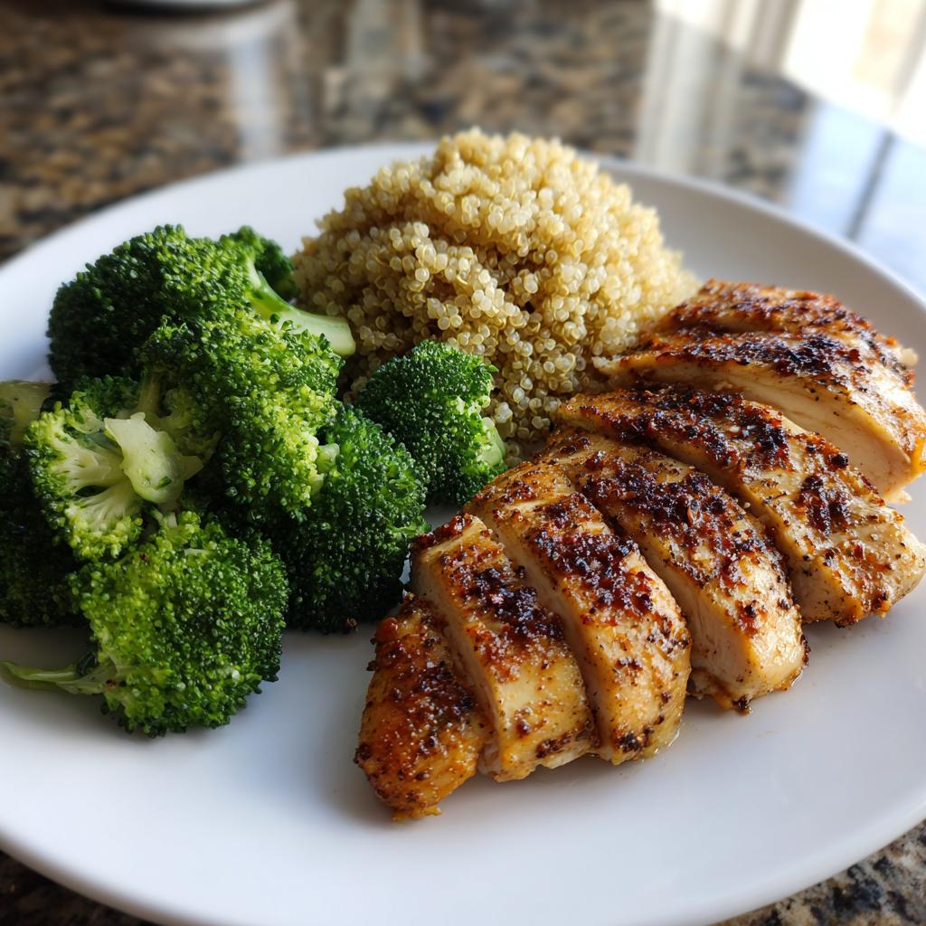 A plate featuring sliced seasoned chicken breast, steamed broccoli, and a serving of quinoa, perfect for a 5-Day Clean Eating Meal Plan.