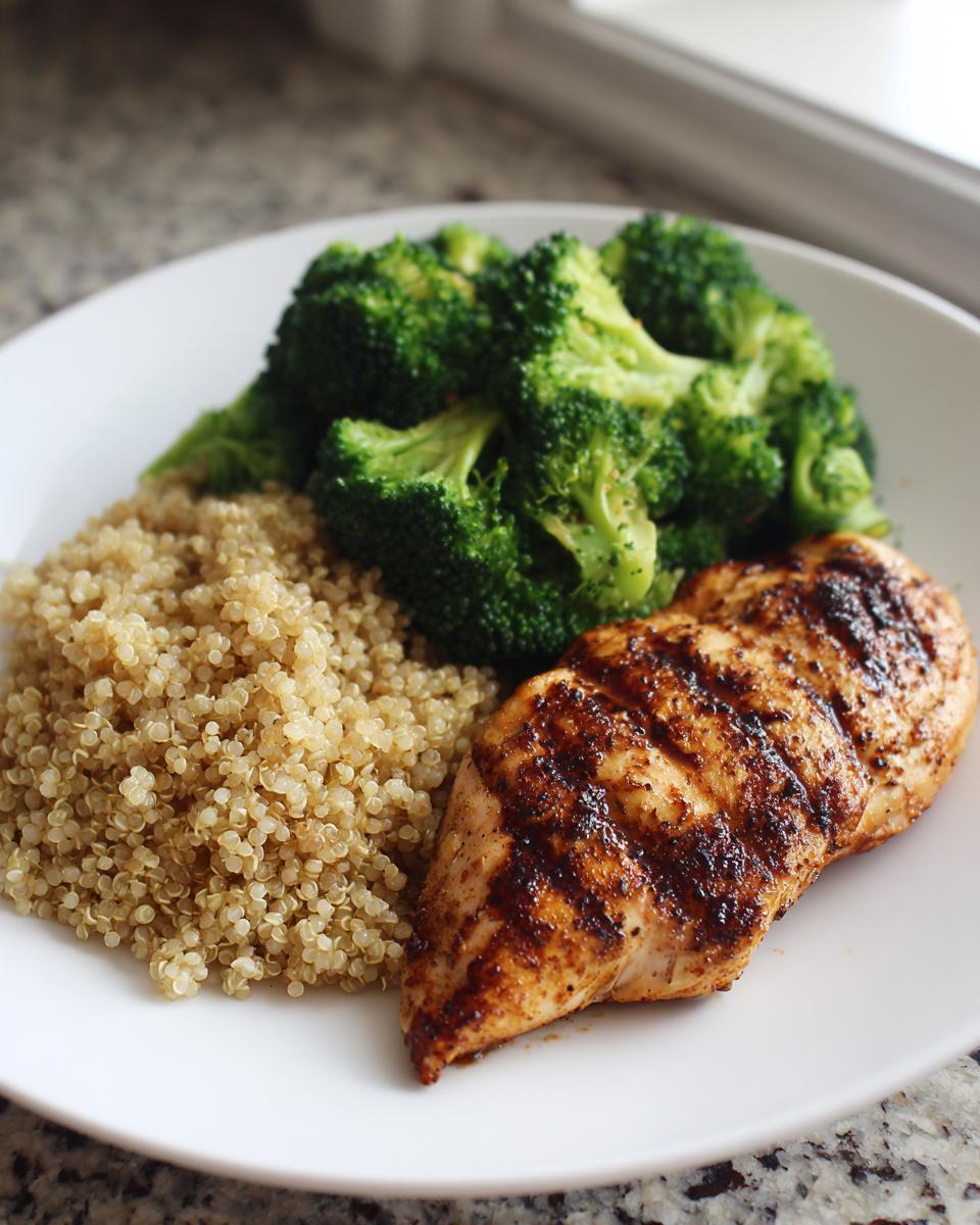 Plate featuring grilled chicken breast, fluffy quinoa, and steamed broccoli, perfect for a 5-Day Clean Eating Meal Plan.