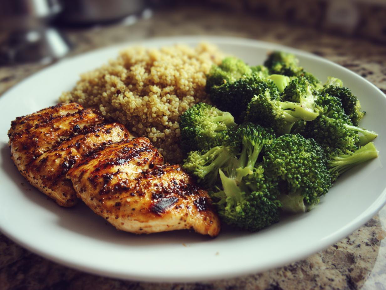 Plate featuring grilled chicken breasts, fluffy quinoa, and bright green steamed broccoli, perfect for a 5-Day Clean Eating Meal Plan.