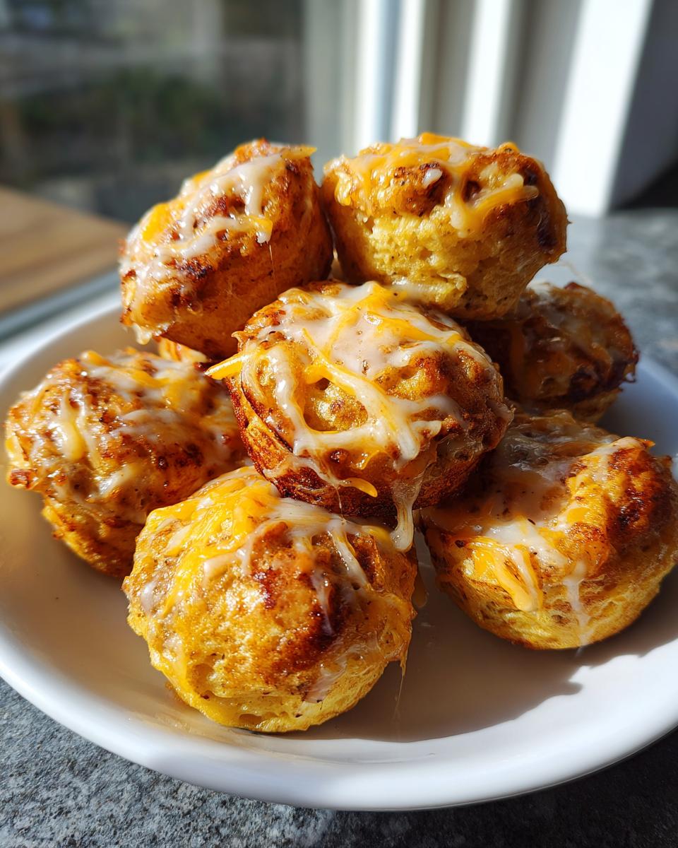 A stack of golden-brown Copycat McGriddle Bites topped with melted cheddar cheese and a drizzle of white glaze.