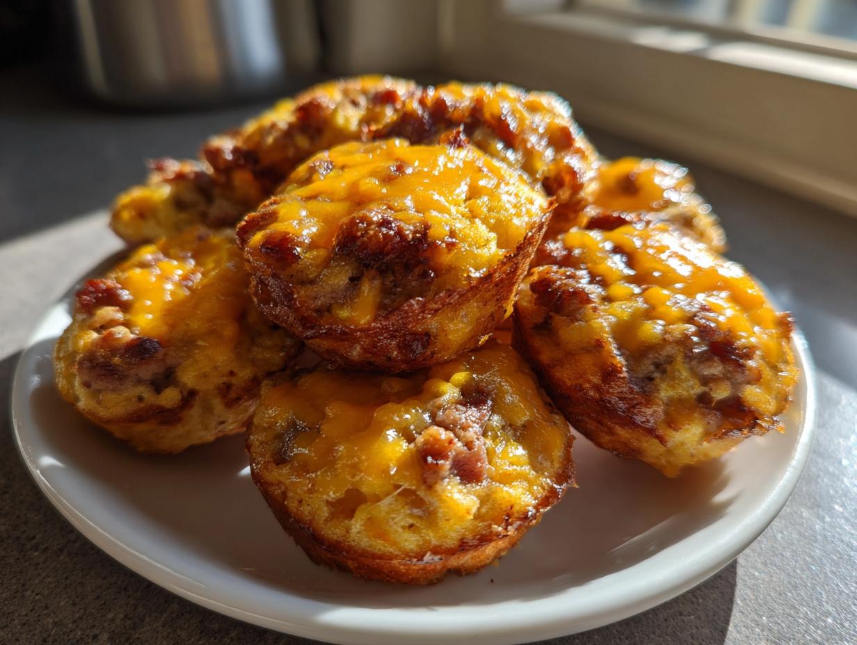 A pile of golden brown Copycat McGriddle Bites topped with melted cheddar cheese on a white plate.