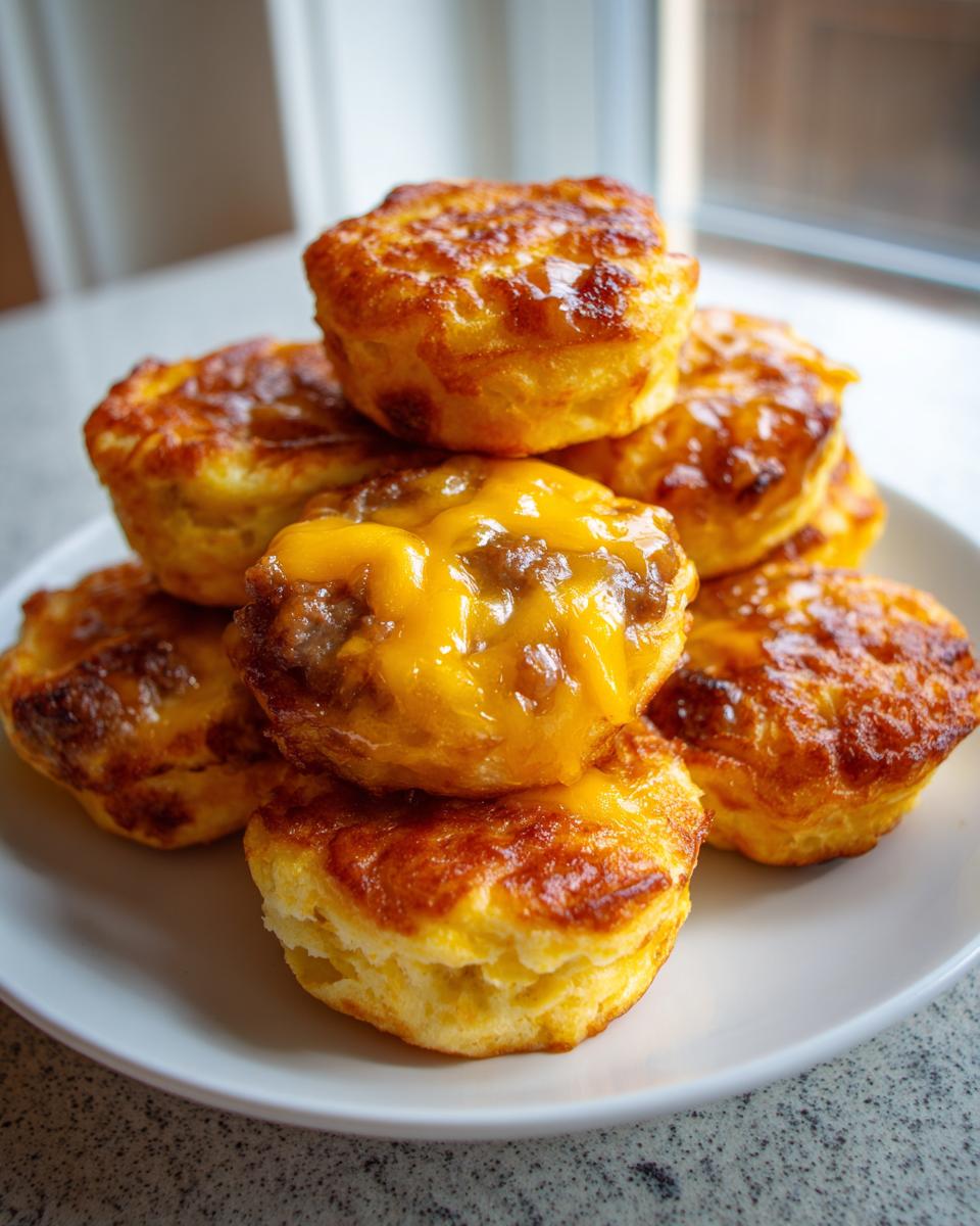 A stack of golden-brown Copycat McGriddle Bites, topped with melted cheddar cheese and sausage filling.