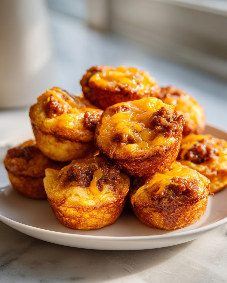 A stack of golden brown Copycat McGriddle Bites topped with melted cheese and sausage mixture.