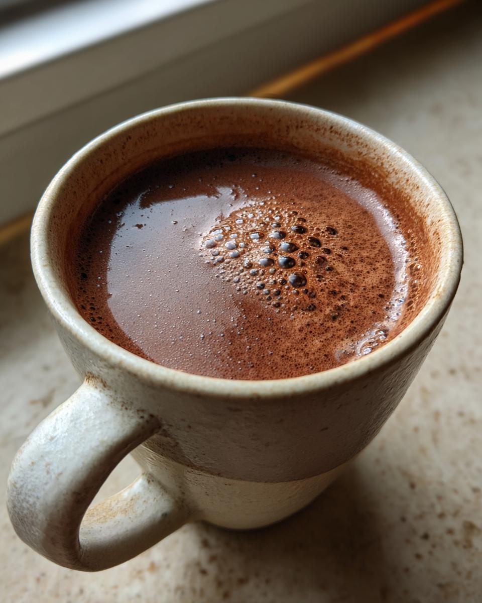 Close-up overhead view of a mug filled with rich, frothy Cozy Hot Chocolate.