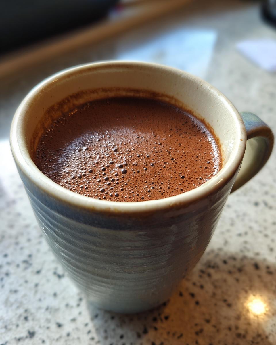Close-up of a mug filled with rich, frothy Cozy Hot Chocolate (Healthy Version) on a speckled countertop.