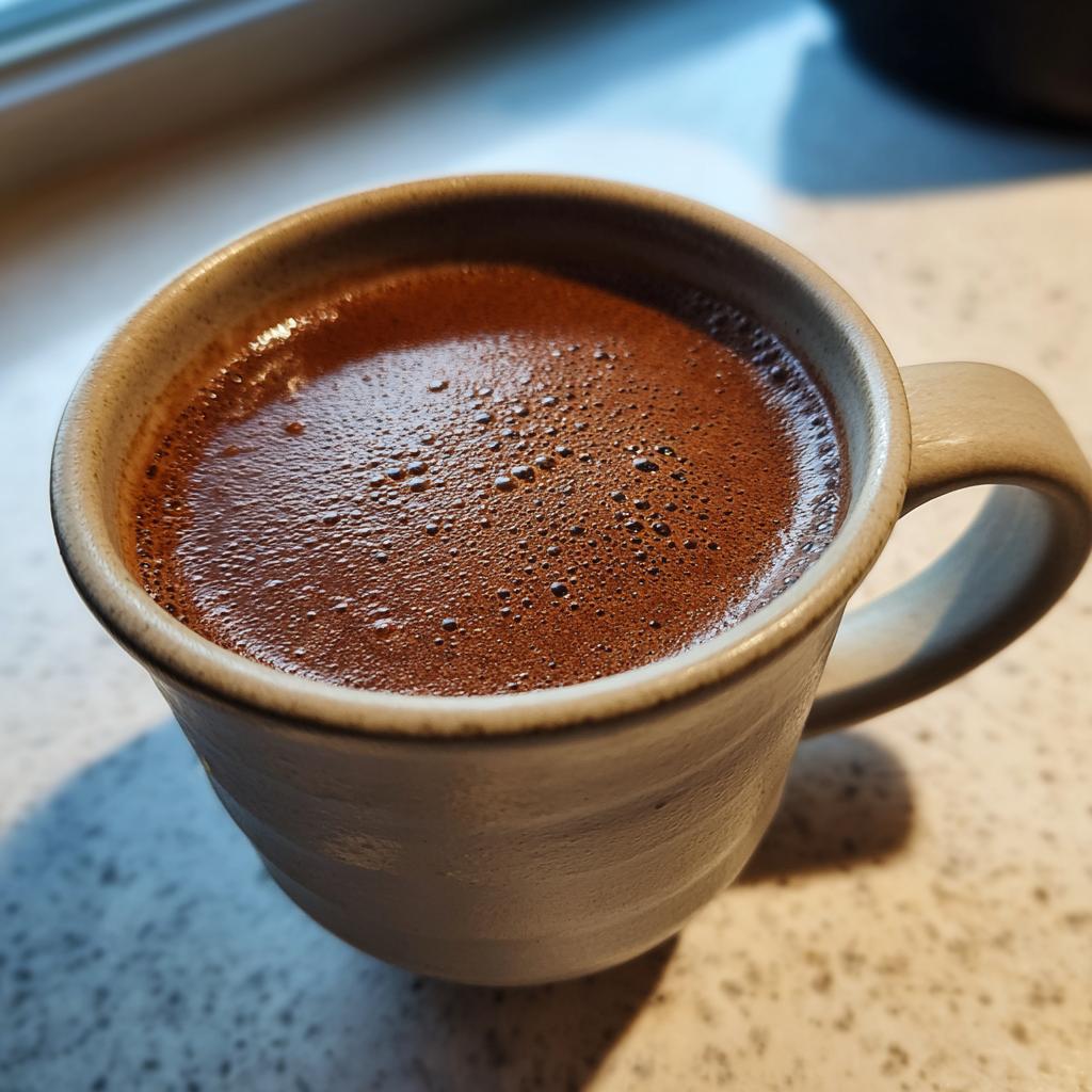 Close-up of a mug filled with rich, dark Cozy Hot Chocolate topped with small, fine bubbles.