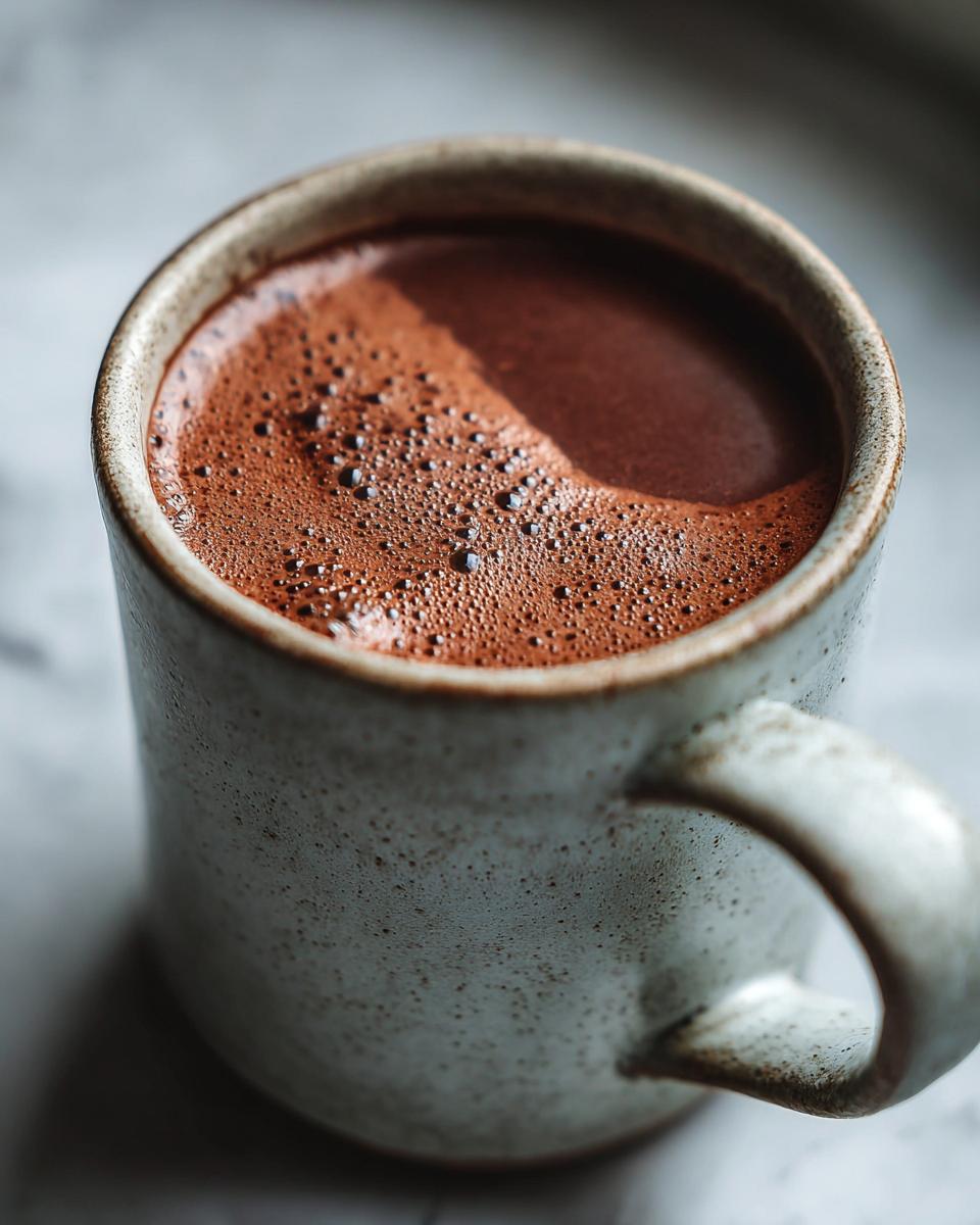 Close-up of a rustic mug filled with rich, foamy Cozy Hot Chocolate (Healthy Version).
