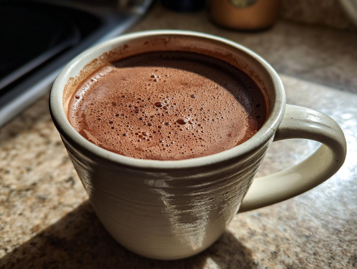 Close-up of a creamy, frothy Cozy Hot Chocolate (Healthy Version) in a light-colored ceramic mug.
