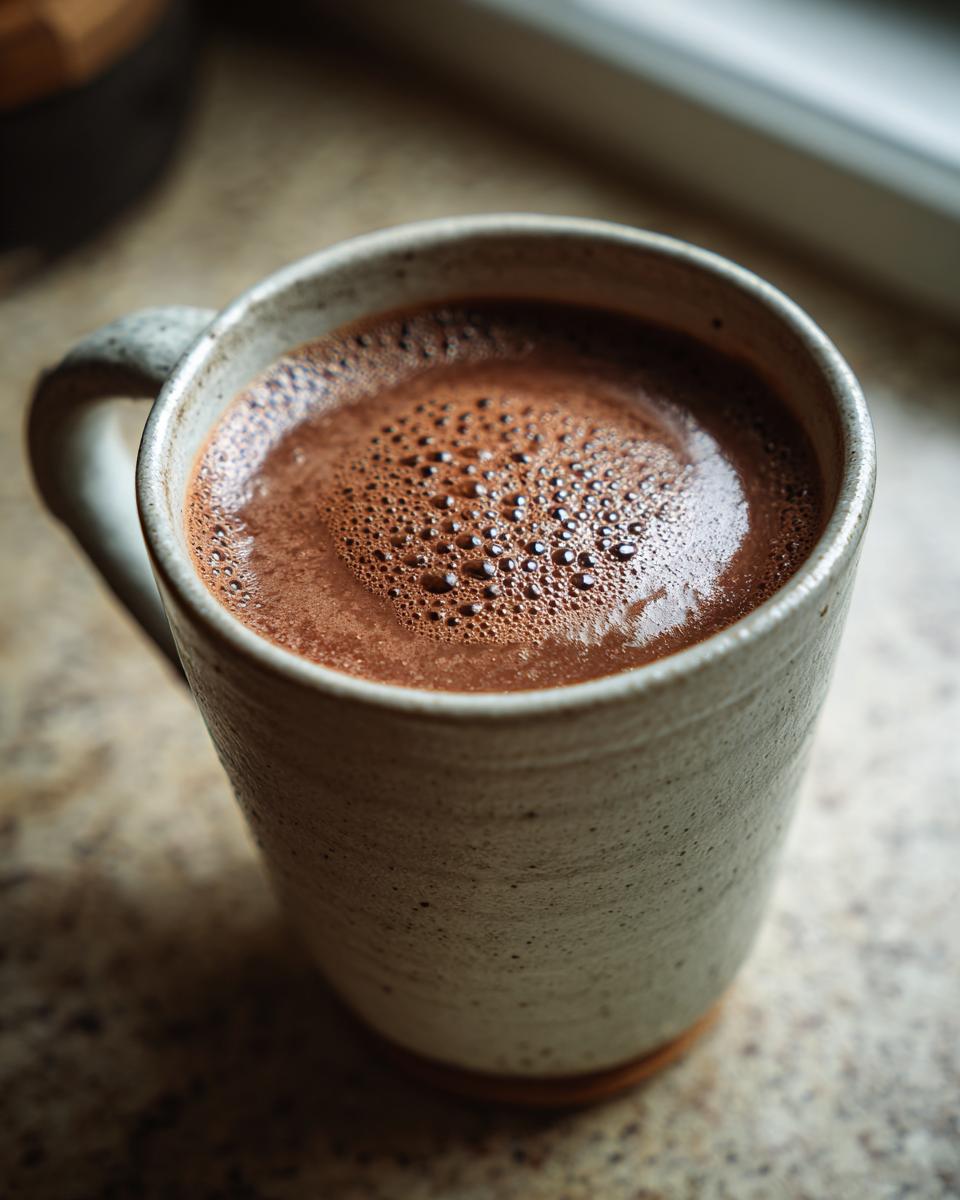 Close-up of a steaming mug filled with rich, foamy Cozy Hot Chocolate (Healthy Version) on a speckled countertop.