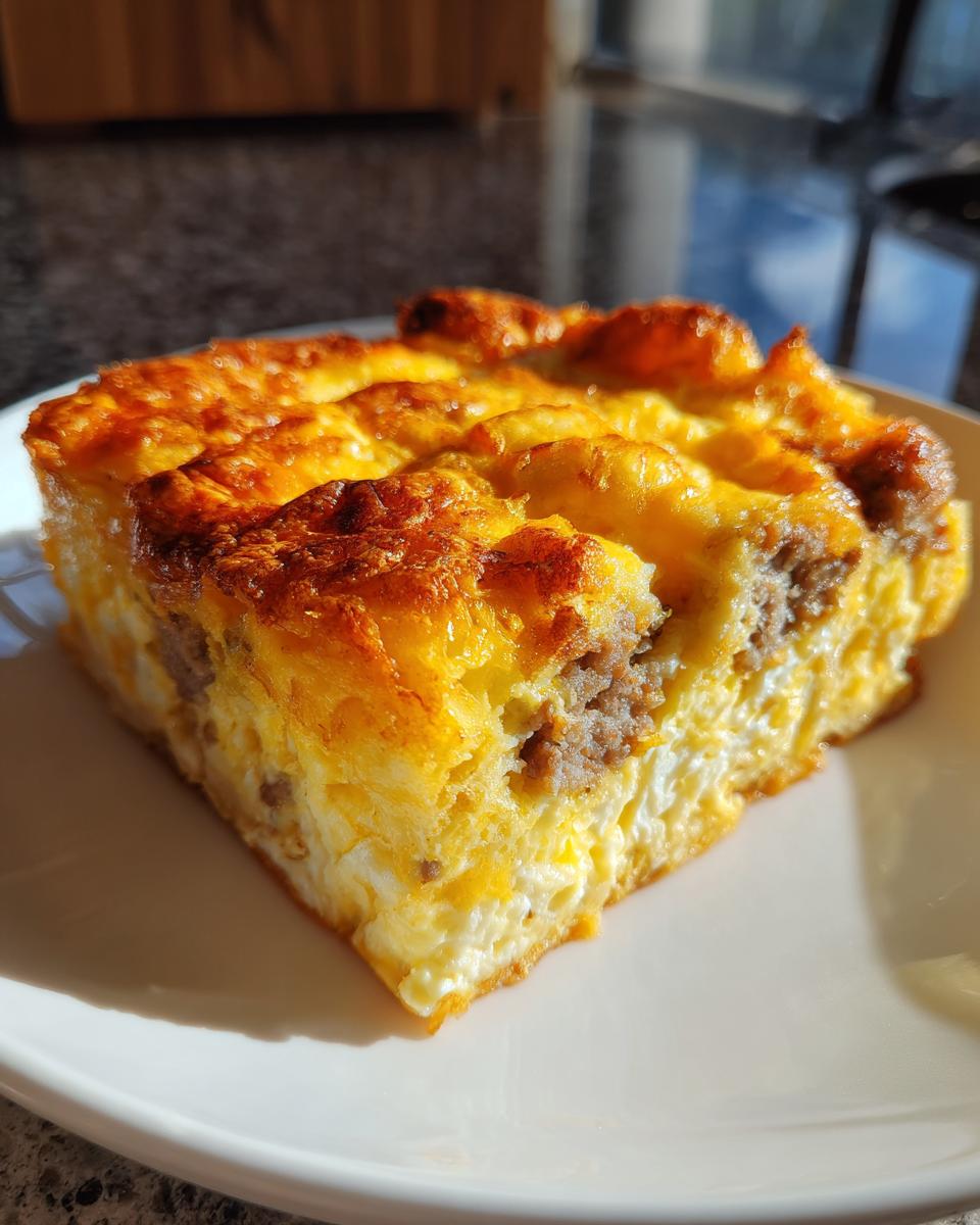 Close-up of a square slice of Crack Breakfast Casserole showing a golden, cheesy top and layers of egg and sausage.