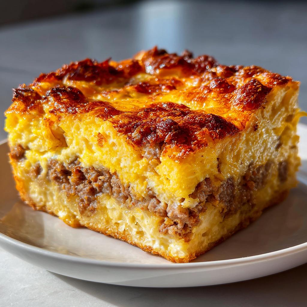 A square serving of What Makes This Crack Breakfast Casserole So Good, showing layers of sausage and egg.