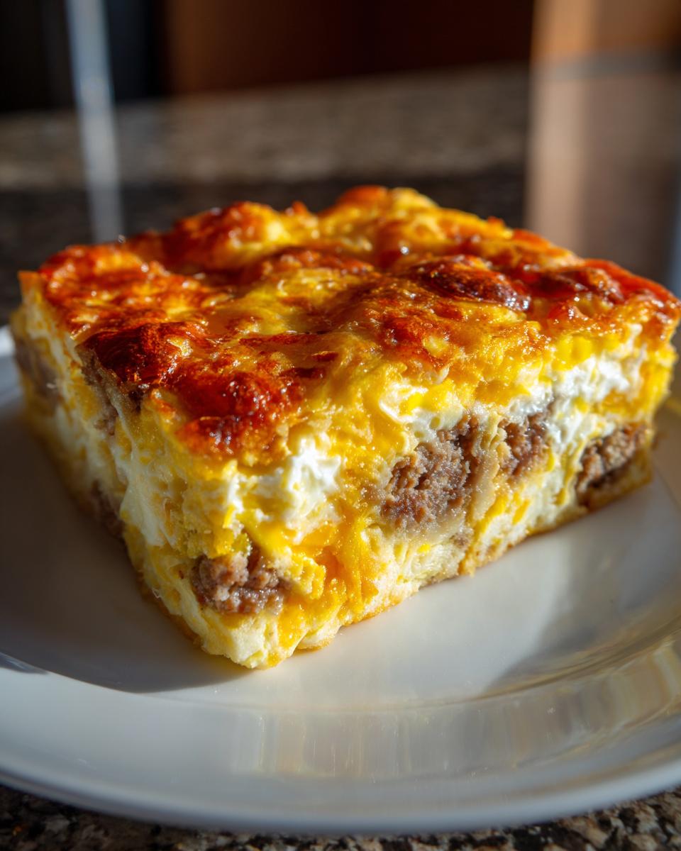 A golden-brown square slice of Crack Breakfast Casserole showing layers of egg, cheese, and sausage filling.