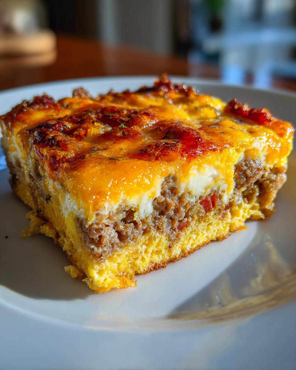 A close-up of a single serving slice of Crack Breakfast Casserole showing layers of egg, sausage, and melted cheddar cheese topping.