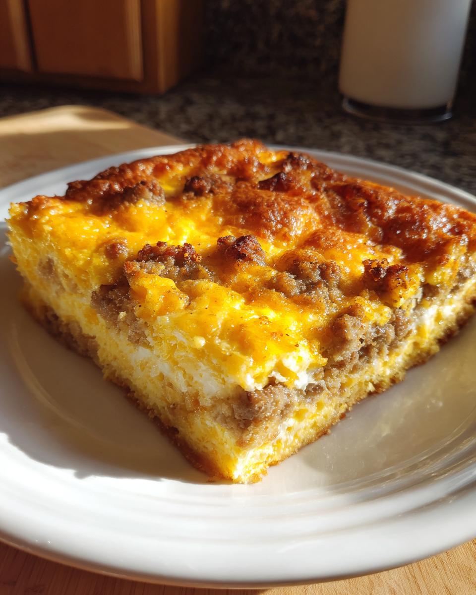 A square slice of Crack Breakfast Casserole featuring sausage, egg, and melted cheese on a white plate.