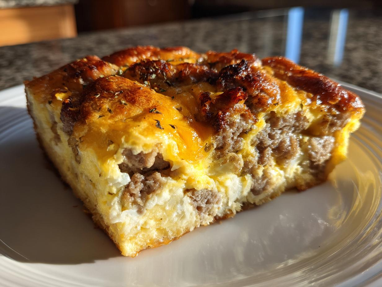 A close-up of a square slice of Crack Breakfast Casserole showing layers of sausage, egg, and melted cheese topping.
