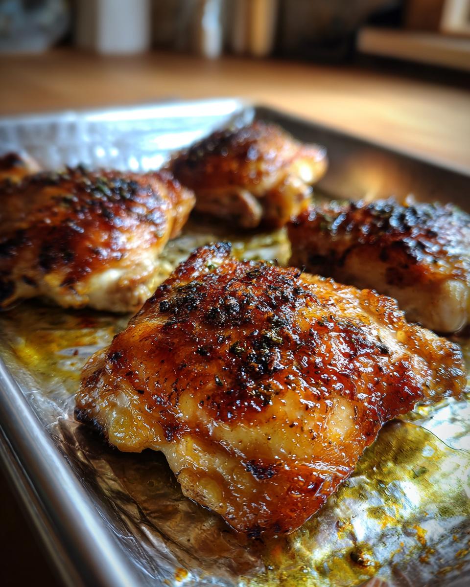 Close-up of four juicy, baked chicken thighs with deeply browned, seasoned skin resting on a foil-lined baking sheet.