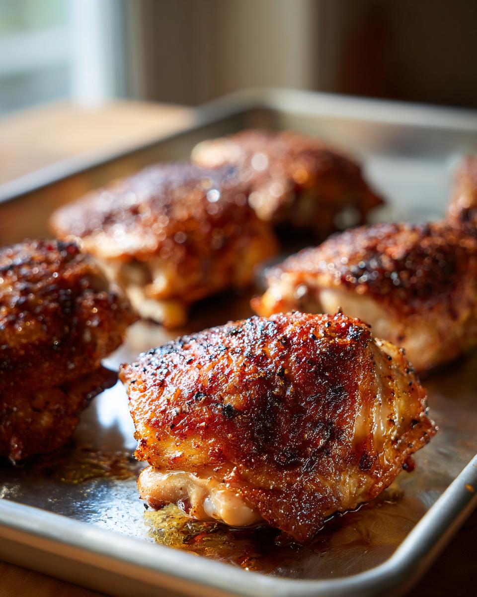 Close-up of perfectly baked chicken thighs with crispy, seasoned skin resting on a metal sheet pan.