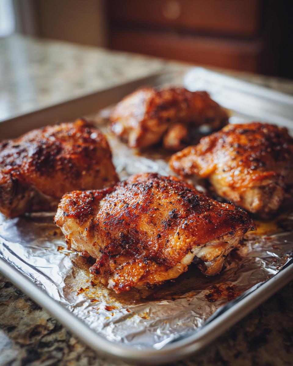 Four perfectly seasoned and baked chicken thighs with crispy, browned skin resting on a foil-lined baking sheet.