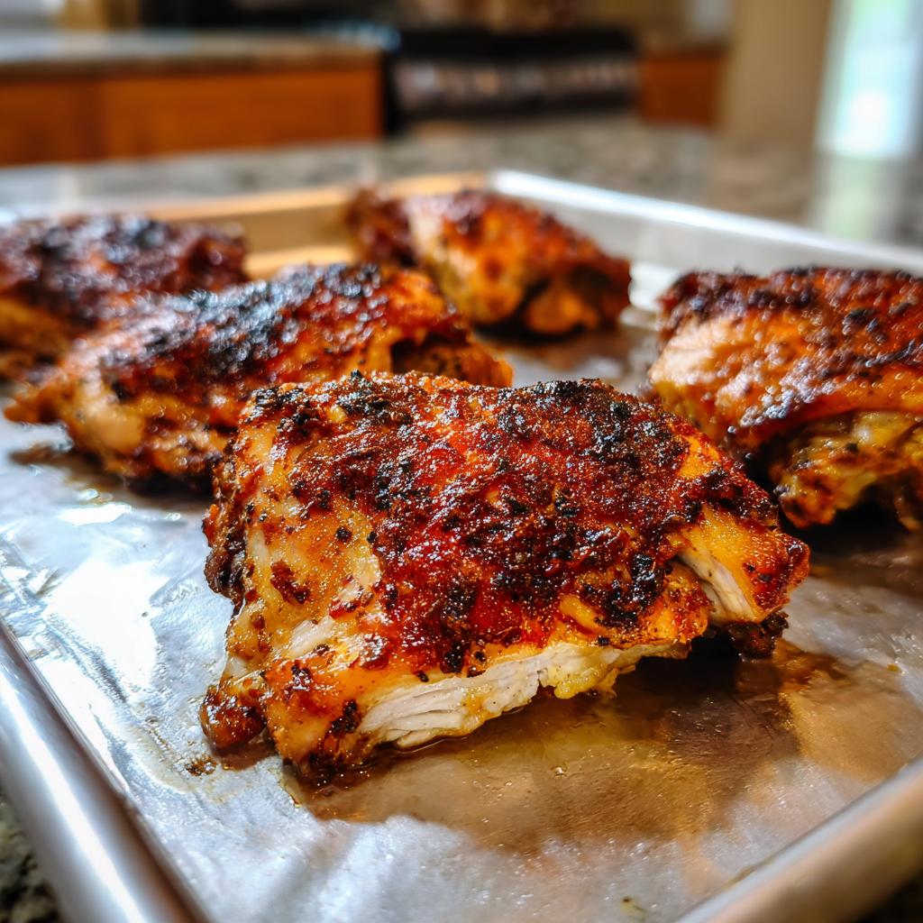 Close-up of perfectly baked chicken thighs with a dark, seasoned crust on a baking sheet.