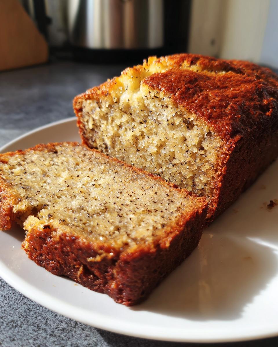 A close-up of a moist slice cut from a loaf of Crave-Worthy banana bread, showing dark specks from ripe bananas.