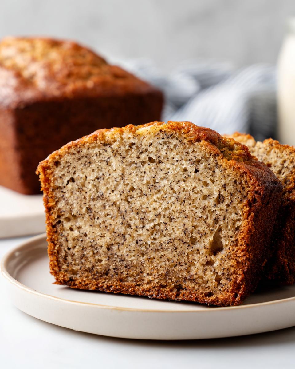 Close-up of a moist slice of Crave-Worthy banana bread showing the speckled interior texture