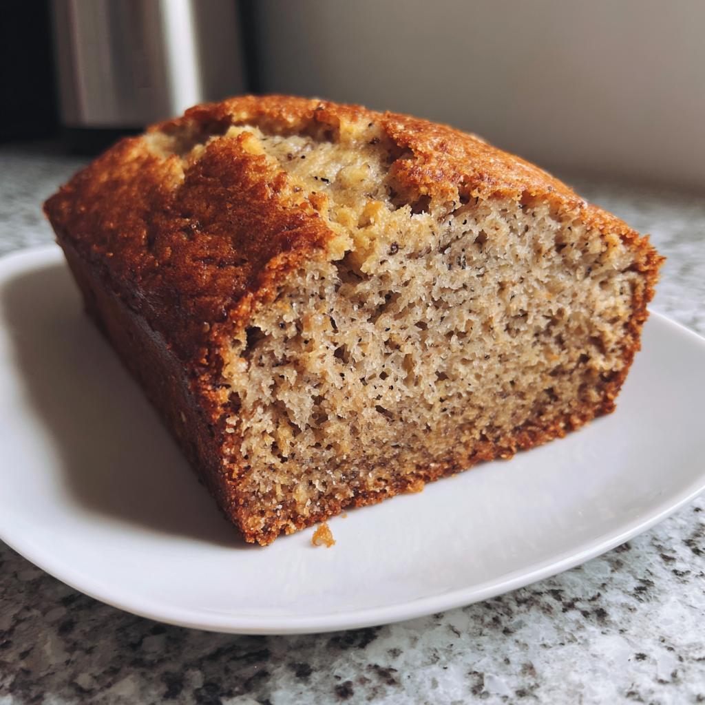 A close-up of a moist slice of Crave-Worthy banana bread, showing its dense, speckled crumb and golden-brown crust.