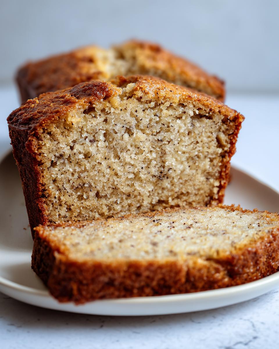 A close-up view showing the moist, speckled interior of a slice of Crave-Worthy banana bread, with the main loaf in the background.