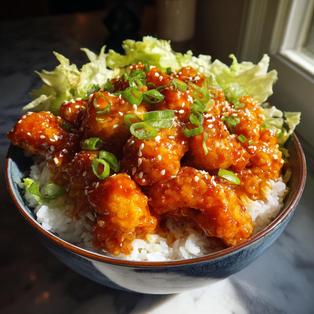 A close-up of a Crave-Worthy easy dinner recipe: Bang Bang Chicken Bowl served over white rice with lettuce and sesame seeds.