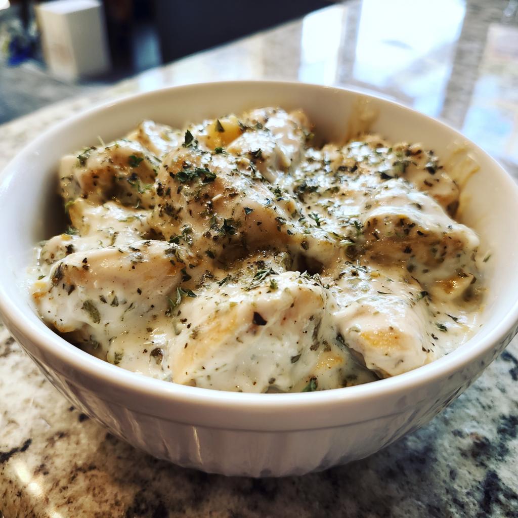 Close-up of Crave-Worthy chicken pieces smothered in creamy ranch sauce and sprinkled with dried herbs in a white bowl.