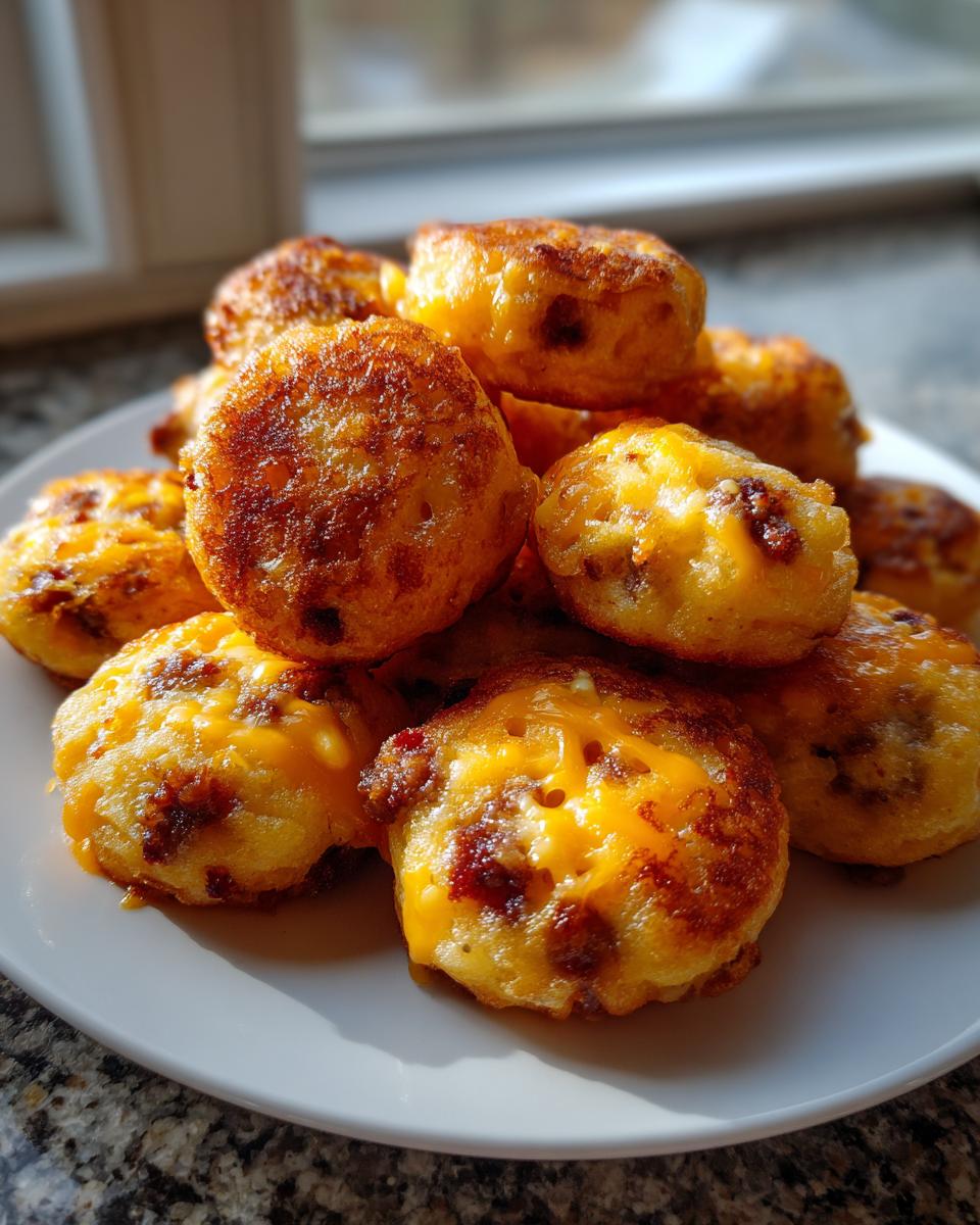 A stack of golden brown Copycat McGriddle Bites topped with melted cheddar cheese, served on a white plate.