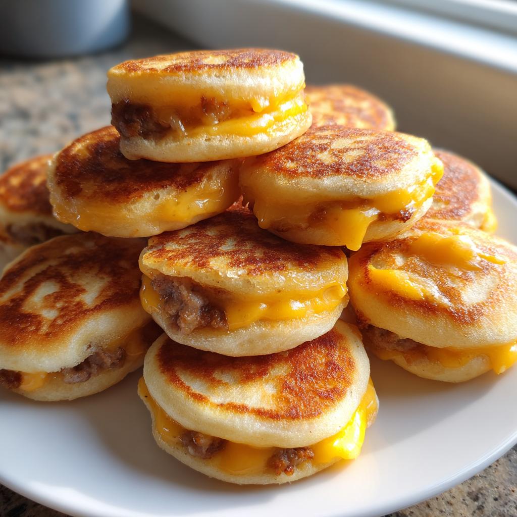 A tempting stack of homemade Copycat McGriddle Bites featuring sausage and melted cheddar cheese between small pancakes.