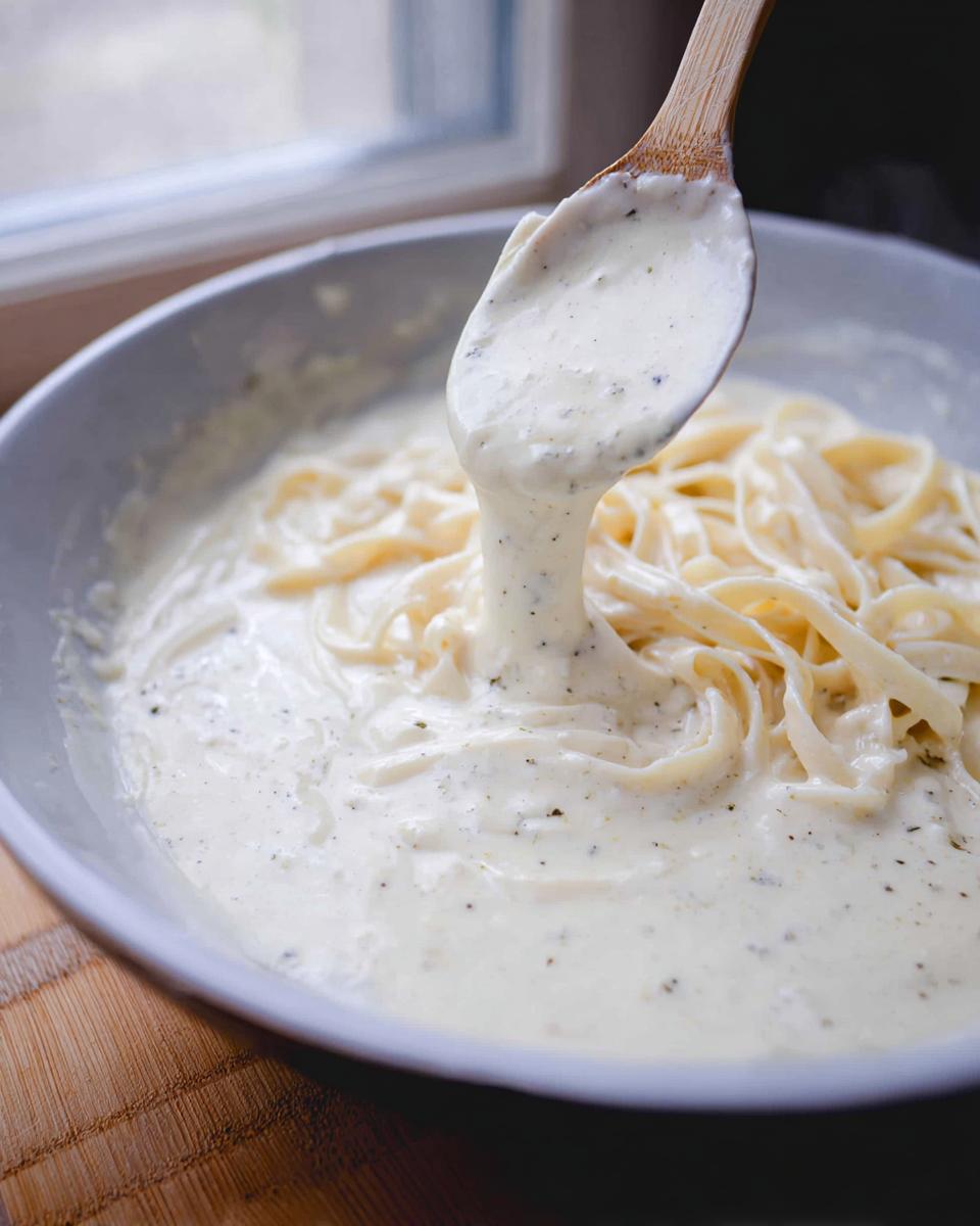 A wooden spoon drips thick, creamy Alfredo sauce over fettuccine pasta in a bowl.