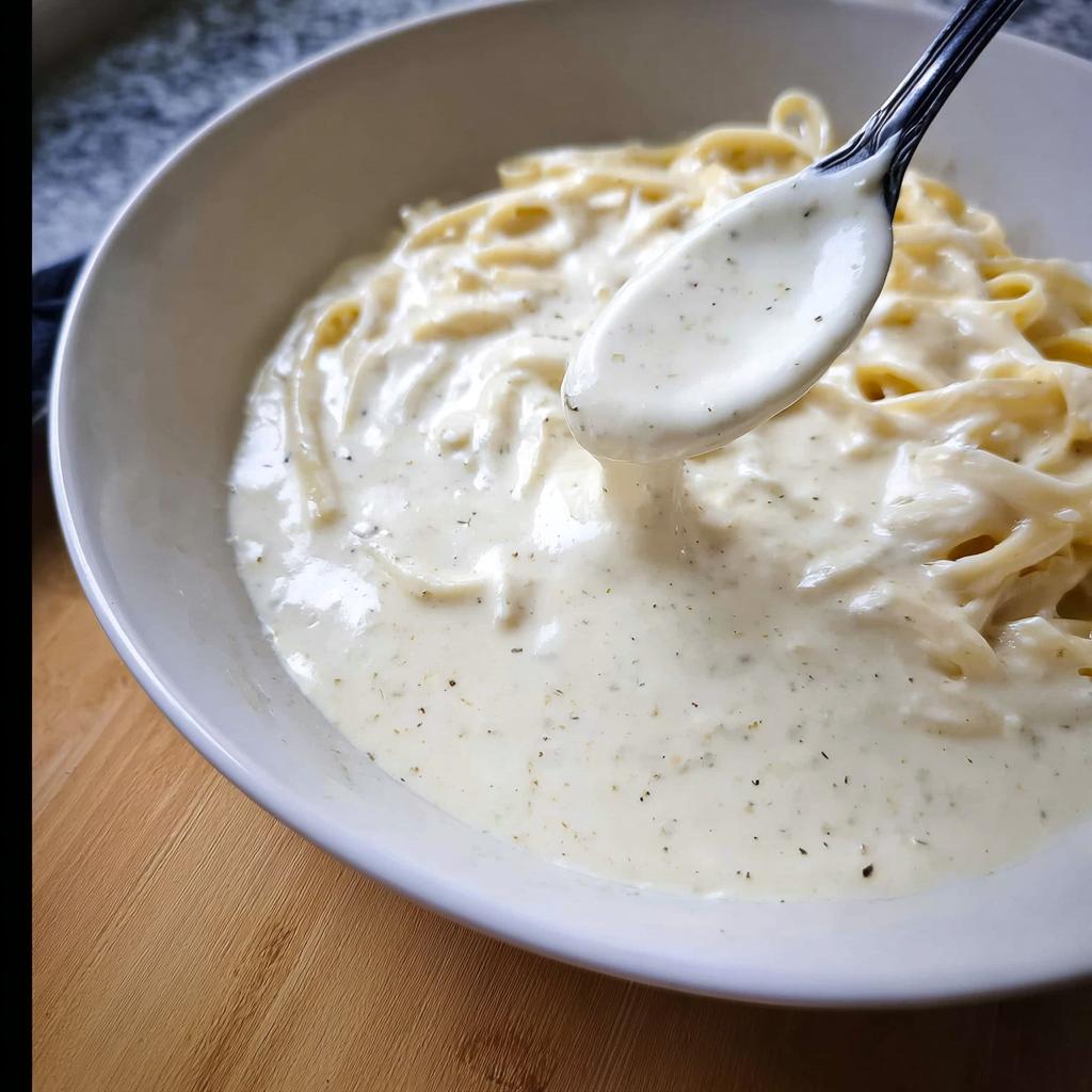 A spoonful of thick, creamy Alfredo sauce being drizzled over fettuccine pasta in a white bowl, showcasing the Best Alfredo Sauce Recipe Ever.