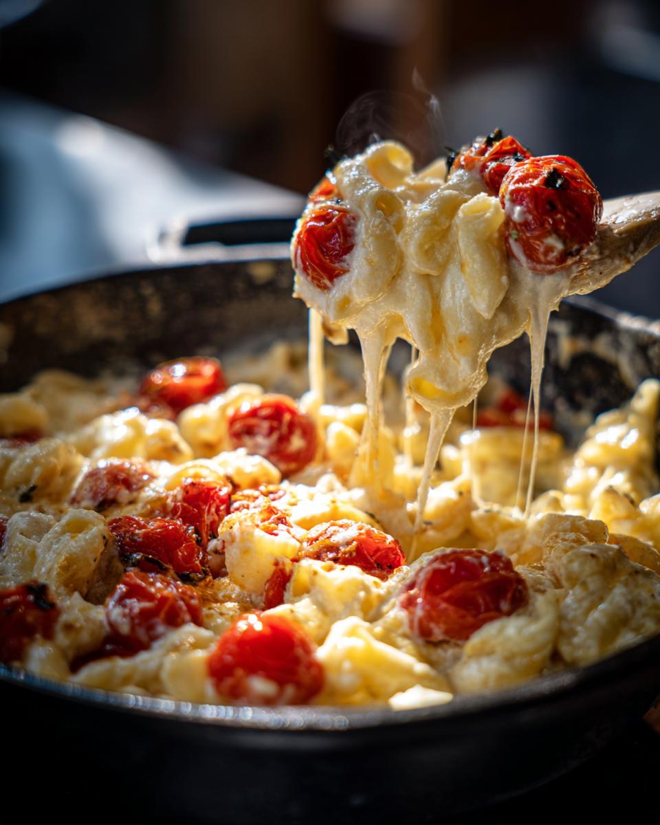 A wooden spoon lifts a generous portion of steaming Creamy Baked Feta Pasta, showing melted cheese strings.