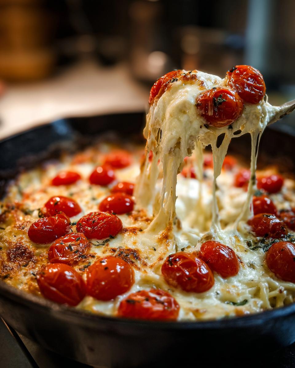 A spoonful of Creamy Baked Feta Pasta showing a dramatic, long cheese pull, topped with roasted cherry tomatoes
