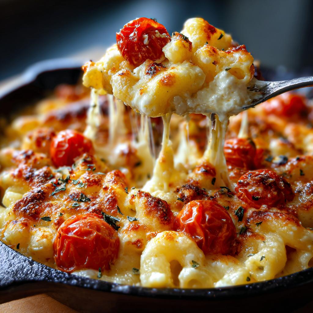 A fork lifts a cheesy portion of Creamy Baked Feta Pasta, showing long cheese pulls over the baked tomatoes.
