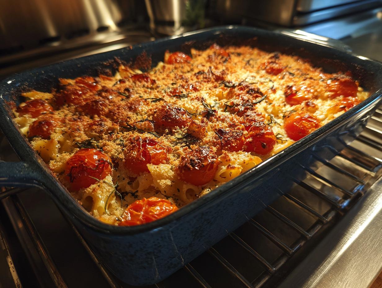 Close-up of freshly baked Creamy Baked Feta Pasta with blistered cherry tomatoes and a golden crumb topping.