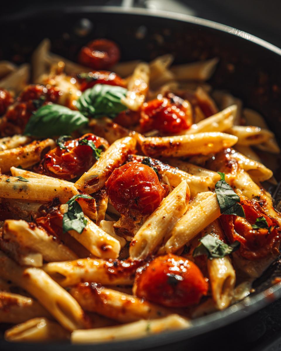 Close-up of penne pasta coated in a creamy sauce with roasted cherry tomatoes and fresh basil, representing Creamy Baked Feta Pasta.