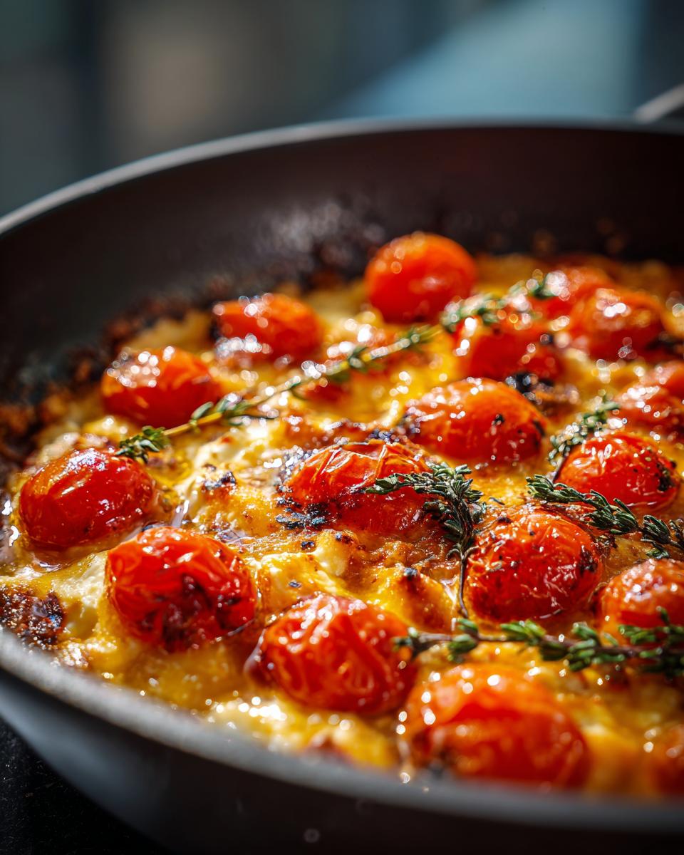 Close-up of baked feta cheese bubbling with roasted cherry tomatoes and thyme sprigs for Creamy Baked Feta Pasta.