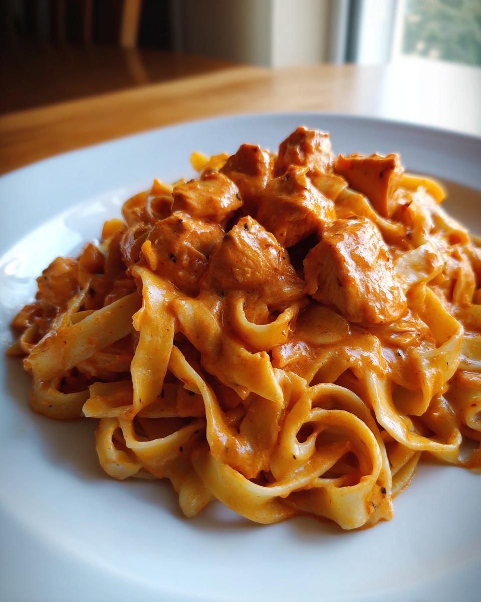 A close-up of creamy Cajun chicken pasta featuring fettuccine noodles coated in a rich, orange-hued sauce with chunks of seasoned chicken.