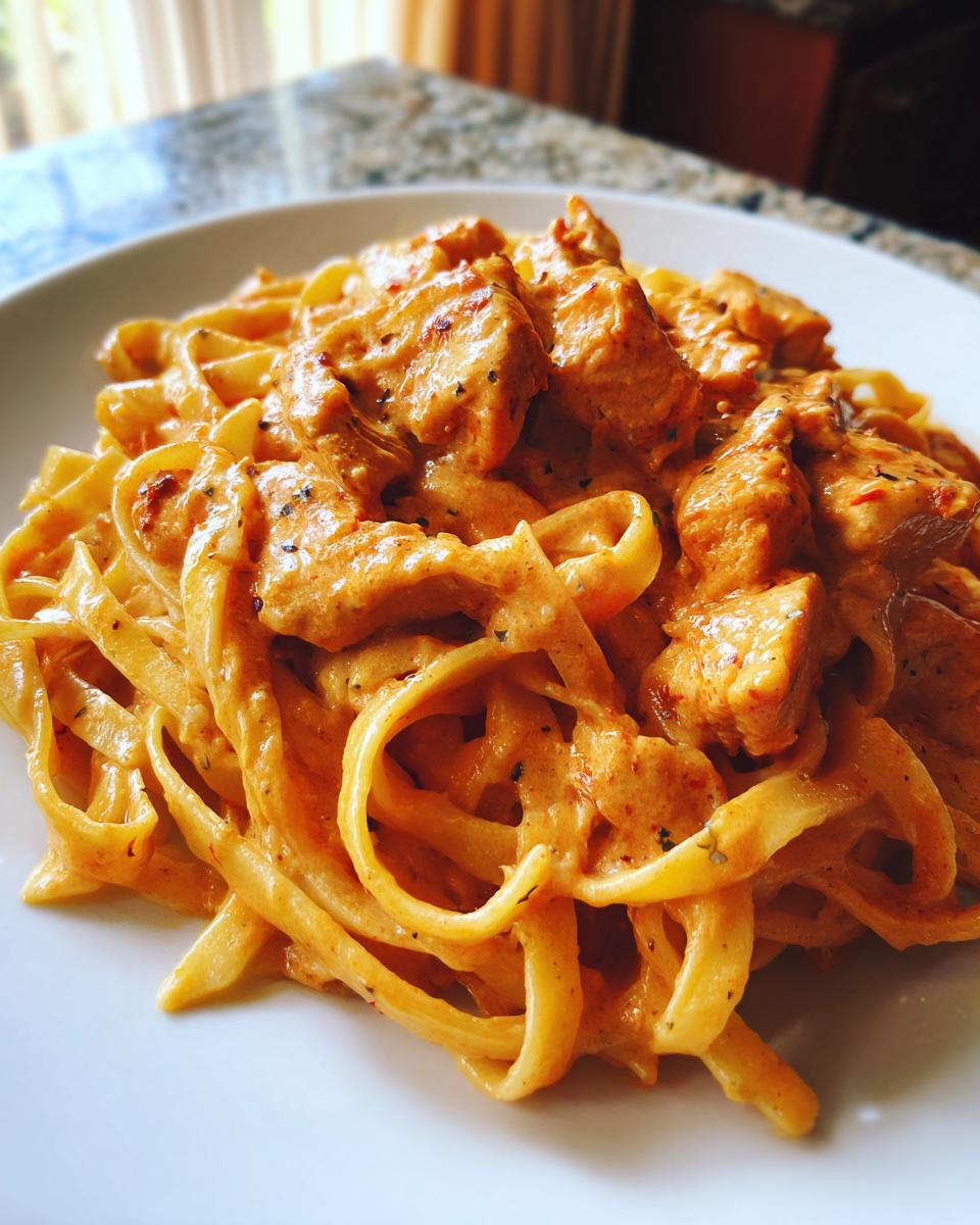 Close-up of creamy Cajun chicken pasta featuring fettuccine noodles coated in a rich, orange-hued sauce with chunks of seasoned chicken.